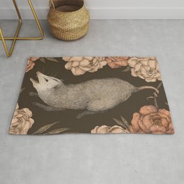 The Opossum and Peonies Rug | Nature, Rose, Peony, Peonies, Flower, Curated, Graphite, Flowers, Animal, Drawing 