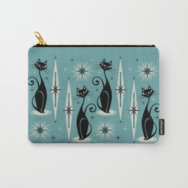 Mid Century Meow Retro Atomic Cats on Blue Carry-All Pouch | Atomic, Digital, Catlover, Curated, Blue, Blackcats, Fifties, Midcentury, Starbursts, Starburst 