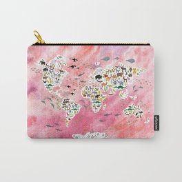 Cartoon animal world map, back to school. Animals from all over the world, pink watercolour watercolor Carry-All Pouch | Paper, Animal, Pastel, Worldmap, Digital, Pop Art, Acrylic, Watercolour, Vintage, Concept 