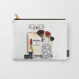 Watercolor Make up set, perfume bottle, red lipstick and brushes by Amanda Greenwood Carry-All Pouch | Lipstick, Makeupprint, Fashion, Painting, Fashionwallart, Woman, Makeupart, Makeupillustration, Bathroom, Makeup 