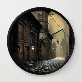 Dark Alley Wall Clock | Historical, Oldbuilding, Dark, Warmcolor, Cobblestone, Oldtime, Digitalpainting, Londonengland, Alley, Fog 