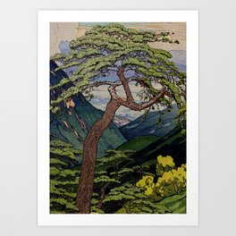 The Downwards Climbing - Summer Tree & Mountain Ukiyoe Nature Landscape in Green Kunstdrucke