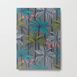 Retro vacation mode // zambezi grey background highball green peacock blue and light grey palm trees oxford navy blue lines coral flamingos Metal Print | Vacations, Palmsprings, Leaves, Midcentury, Pattern, Retro, Mod, Summer, Bananaleaves, Lineart 