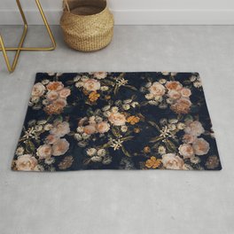 Antique Botanical Peach Roses And Chamomile Midnight Garden Rug