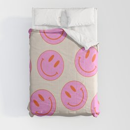 Keep Smiling! - Pink and Beige Smiley Face Pattern Comforter | Smile Emoji, Cool, Happiness, Eye Catching, Digital, Funny, 90S, Cheerful, Face, Bright 