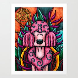 Pink poodle in colorful jungle, quirky dog painting Art Print