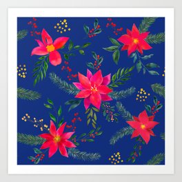 Festive Watercolor Christmas Floral Pattern on blue Art Print