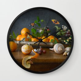 Still Life with Clementines Wall Clock | Clementine, Moth, Ferns, Bee, Fruit, Grapes, Caterpillar, Dragonfly, Nature, Butterfly 