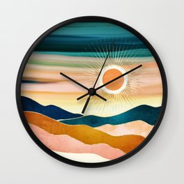 Jewel Dusk Wall Clock | Landscape, Jewel, Nature, Abstract, Navy, Mountains, Graphicdesign, Blush, Turquoise, Sun 