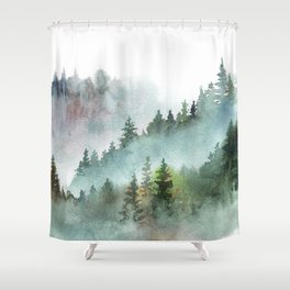 Watercolor Pine Forest Mountains in the Fog Shower Curtain | Pine, Olympic, Smokey, Landscape, Mist, Nature, Mountains, Painting, Nationalpark, Travel 
