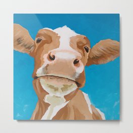Enid the Contented Cow Metal Print | Nature, Animal, Californiacows, Cow, Bluesky, Painting, Brown White, Wisdom, Enid, Greenerpastures 