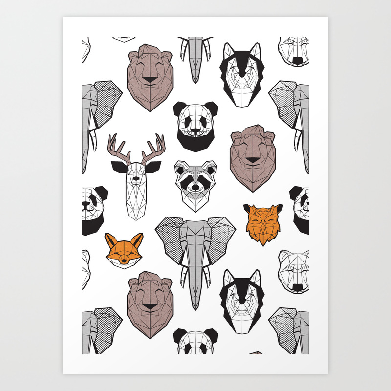 Friendly geometric animals // white background black and white orange grey  and taupe brown animals Art Print by Selma Cardoso | Society6