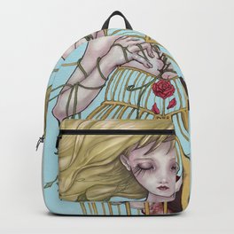 Mother Mary & Two Lover Birds Backpack | Sky, Birdcage, Flying, Lucyinthesky, Bliss, Mothermary, Caged, Mixedmedia, Digital, Darkart 