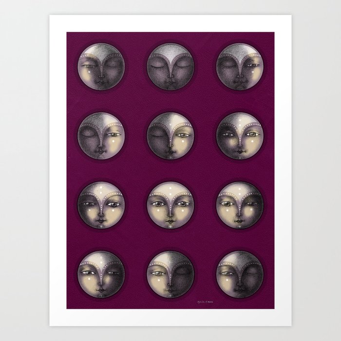 moon phases on dark purple Art Print | Drawing, Illustration, Nature, Vintage, Moon, Phase, Cycle, Full, New, Full-moon