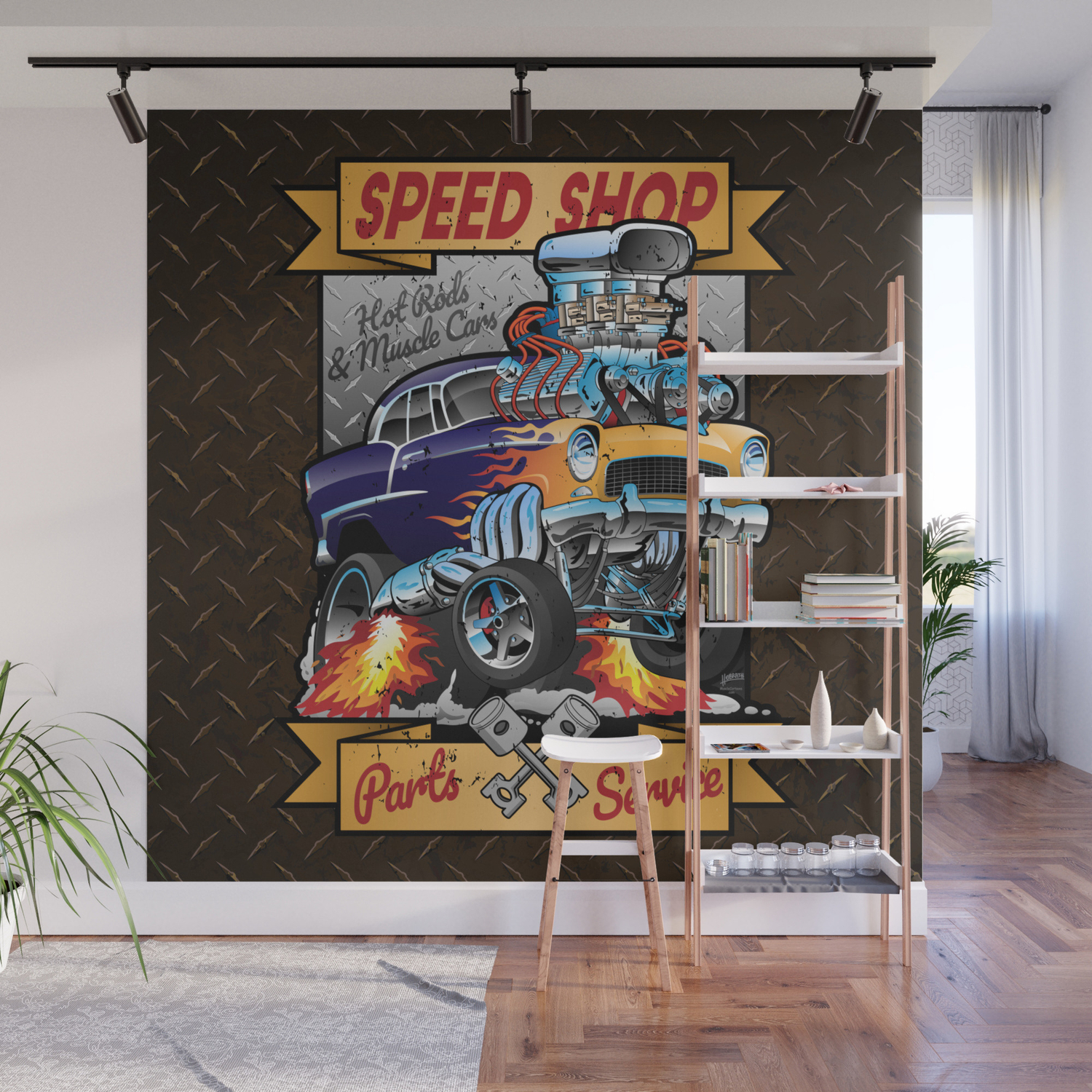Speed Shop Hot Rod Muscle Car Parts and Service Vintage Cartoon  Illustration Wall Mural by hobrath | Society6