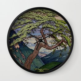 The Downwards Climbing - Summer Tree & Mountain Ukiyoe Nature Landscape in Green Wall Clock | Asian, Popular, Green, Clouds, Nature, Digital, Summer, Tree, Pink, Painting 