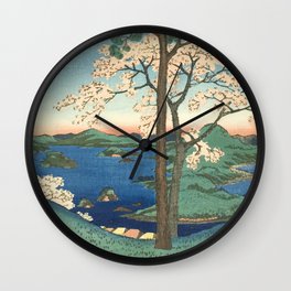 Utagawa Hiroshige - Inaba Province, Karo Koyama - Vintage Japanese Woodblock Print, 1853 Wall Clock | Koyama, Sakura, Hiroshige, Asian, Boat, Pine, Lake, Japan, Karo, Tree 
