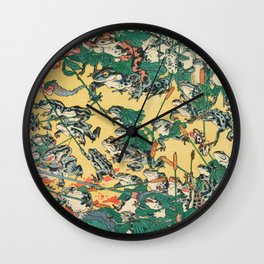 Fashionable Battle of Frogs by Kawanabe Kyosai, 1864 Wall Clock | Kyosai, Decor, 19Thcentury, Battle, Anthropomorphic, Toad, Fashionable, Woodcut, Print, Reptile 