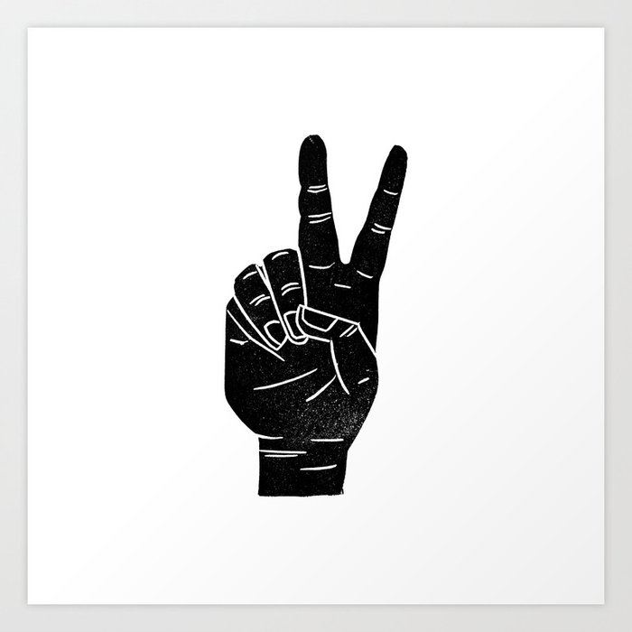 Linocut Sign Language Peace Sign Hand Black And White Art Print By