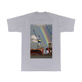 Rainbow over the port of HAMBURG T Shirt | Whiteclouds, Hamburgport, Cranes, Riverelbe, Color, Rainbow, Traffic, Travel, Architecture, Landscape 