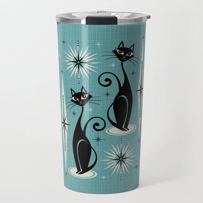Mid Century Meow Retro Atomic Cats on Blue Travel Mug | Graphic-design, Digital, Cats, Black-cats, Retro, Starburst, Starbursts, Atomic, 1950's, Fifties