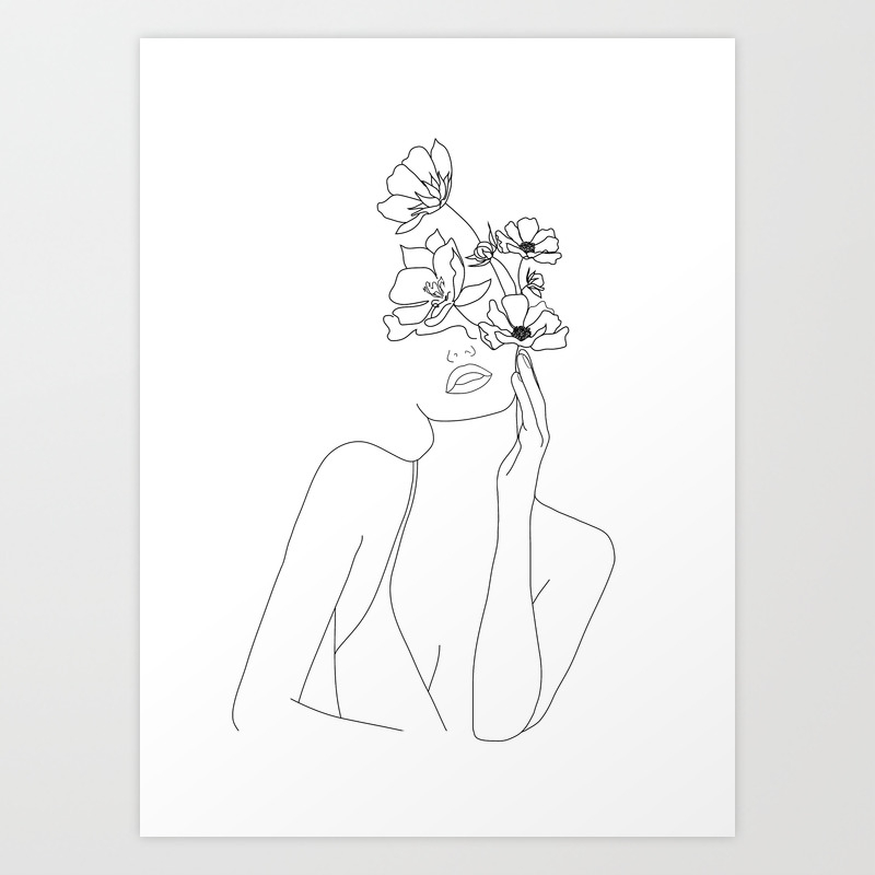 Minimal Line Art Woman With Flowers Art Print By Nadja1 Society6