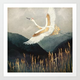 Elegant Flight Kunstdrucke | Watercolor, Landscape, Nature, Abstract, Reeds, Gold, Digital, Bird, Graphicdesign, Crane 