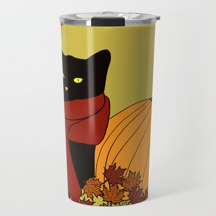Cascade The Black Cat In Red Scarf With Pumpkin - Fall Travel Mug | Drawing, Black-cat-fall, Black-cat-fall-decor, Cat-fall-decor, Cat-with-pumpkin, Cat-and-pumpkin, Cat-with-scarf, Cat-with-red-scarf, Melinda-todd, Porch-fall-decor