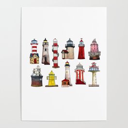 Watercolor lighthouses of world Poster