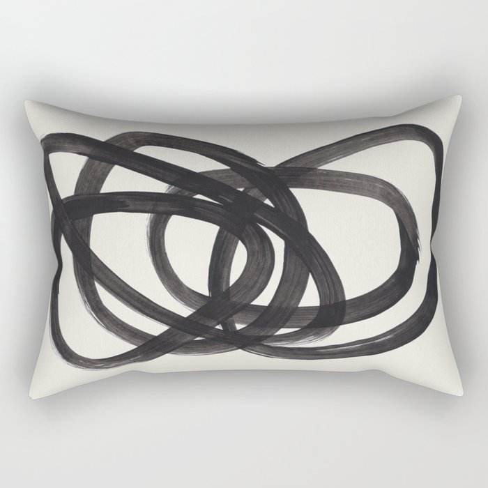 Mid Century Modern Minimalist Abstract Art Brush Strokes Black & White Ink Art Spiral Circles Rechteckiges Kissen