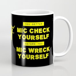 Mic Check Coffee Mug | Graphicdesign, Digital, Comedy, Funny, Joke, Mug, Yellow, Black, Miccheck, Typography 