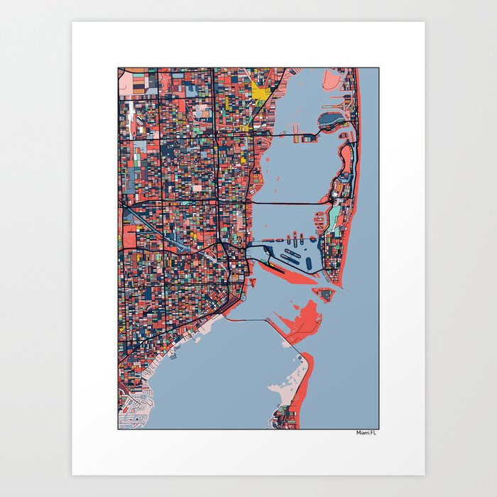 Miami Florida Abstract Map Art Art Print By Parmarmedia Society6