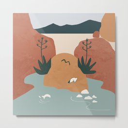 Girl with Agave Earings. Optical Illusion Landscape. Oasis in the Desert. Rotate 180 degrees Metal Print | Desert, Oasis, Landscape, Abstract, Animal, Painting, Minimalist, Agave, Water, Succulents 