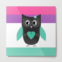 Little owl . Metal Print | Black, Pink, Retro, Crimson, White, Other, Illustration, Owl, Stripes, Turquoise 