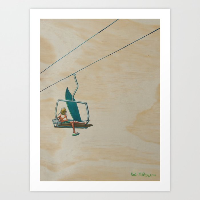 The Lost Surfer; A Lift Up The Hill Art Print | Painting, Ink, Illustration, Ski, Chairlift, Surfer