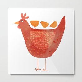Hen and Chicks Metal Print | Farmer, Hen, Design, Farmyard, Chicken, Art, Illustration, Cute, Farm, Poultry 