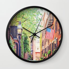 Historic Acorn Street, Beacon Hill Wall Clock | Red, Architecture, American, Boston, Photo, Landscape, Redbrick, Quaint, Historic, Americanflag 