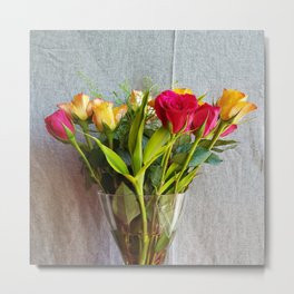 Flowers in a vase - with red and yellow roses Metal Print | Yellow, Classic, Flowers, Floralarrangement, Roses, Golden, Neutral, Grey, Ellenhenryart, Digital 