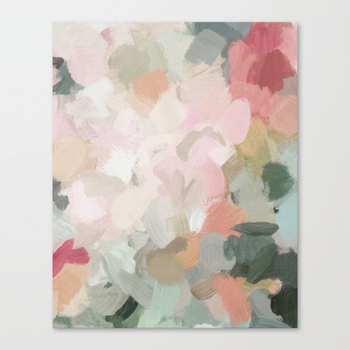 Forest Green Fuchsia Blush Pink Abstract Flower Spring Painting