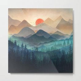 Wilderness Becomes Alive at Night Metal Print | Painting, Landscape, Gallerywalls, Watercolor, Curated, Beautiful, Nature, Sunset, Birds, Forest 