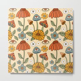 70s Psychedelic Mushrooms & Florals Metal Print | Trippy, Graphicdesign, Pattern, Vintage, Wallpaper, Yellow, Orange, Eye, Fungi, 70S 