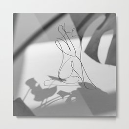 Black and White Minimalist Silhouette Woman Metal Print | Lineart, Minimalist, Whiteandblack, Femalebody, Simple, Womansitting, Silhouetteoutline, Shadowaesthetic, Bodysilhouette, Leaves 