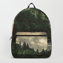 Pacific Northwest River - Nature Photography Backpack | Trees, Color, Sky, Drawing, Mountains, Pop Art, Illustration, Green, Painting, Photo 