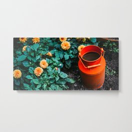 Milk Can and Orange Flowers Photo | Idyllic Botanical Garden | Dark and Vibrant Photography Metal Print | Photograph, Photo, Dark, Vibrant, Idyllic, Milkcan, Botanical, Garden, Nature, Orangeflowers 