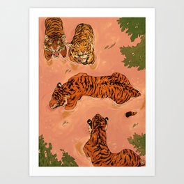 Tiger Beach Art Print | Beach, Tiger, Tigers, Orange, Water, Digital, Curated, Greenery, Bigcats, Drawing 
