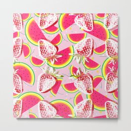 Strawberries Melon Fiesta Pattern Metal Print | Frostystrawberries, Uniquepattern, Melon, Strawberries, Strawberrieslovers, Fun, Summer, Summerpattern, Fruitspattern, Graphicdesign 
