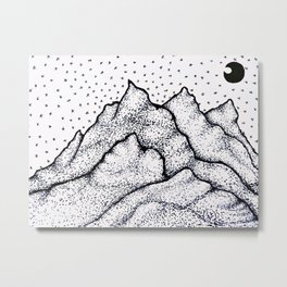 Moonlight Mountain Metal Print | Drawing, Ink Pen, Moon, Stars, Mountain, Minimalist, Nature, Night, Blackandwhite, Stippling 