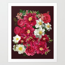Vintage Dark Red Peonies and Roses Flower Bouquet Art Print