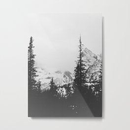 Forest under the Mountain Metal Print | Winter, Sky, Minimalism, Forest, Mountainpeaks, Mountains, Digital, Nature, Landscape, Misty 
