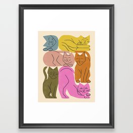 Stack of Cats No. 1 Framed Art Print | Stretching, Color, Animal, Fun, Rainbow, Pattern, Simple, Boho, Retro, Pink 